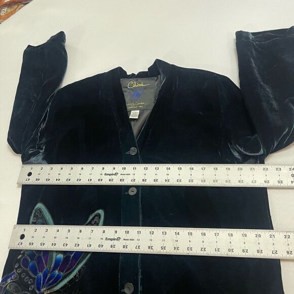 Chico’s Anniversary Collection Butterfly Silk Spruce Green Velvet Jacket Size 1 - Picture 5 of 11